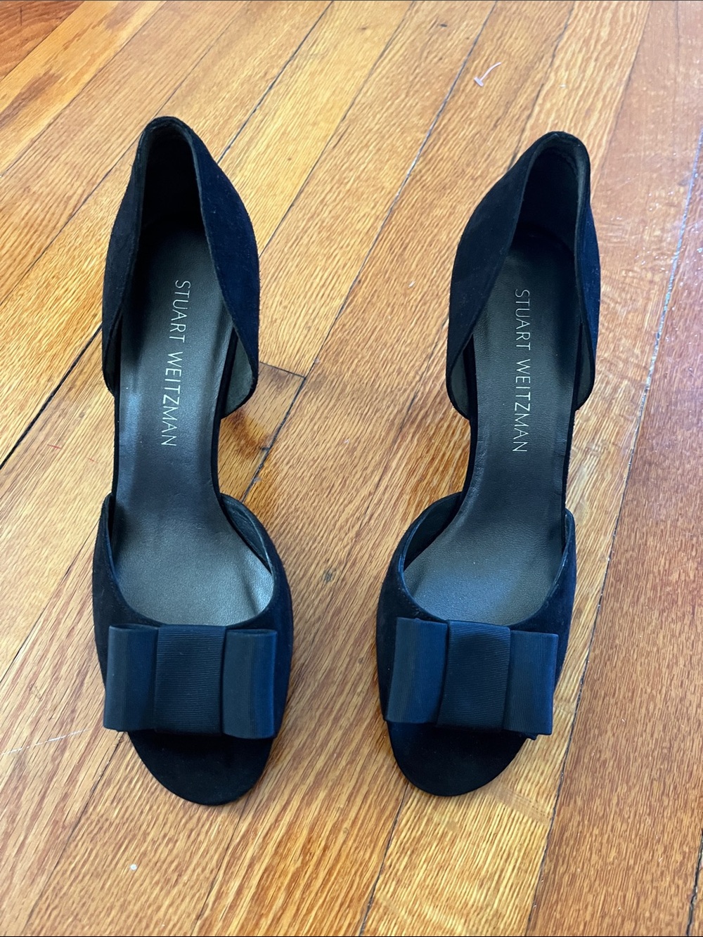 Stuart Weitzman Black Suede Open-Toe Heels with Front Bow